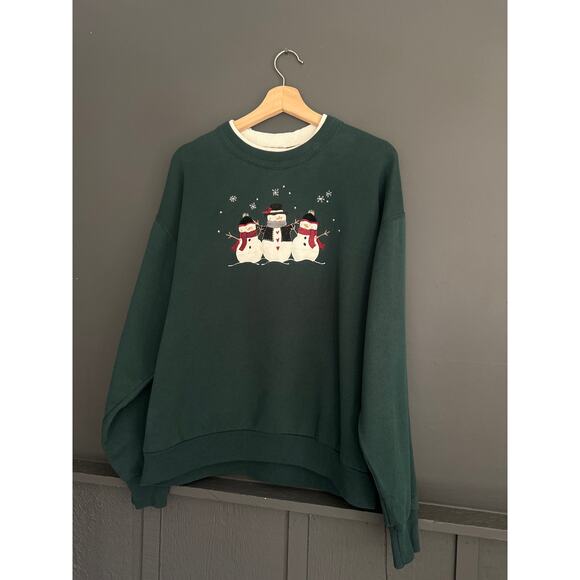 Vintage Double Collar Spruce Green Snowman Christmas Holiday Crewneck Sweater L - Picture 8 of 8